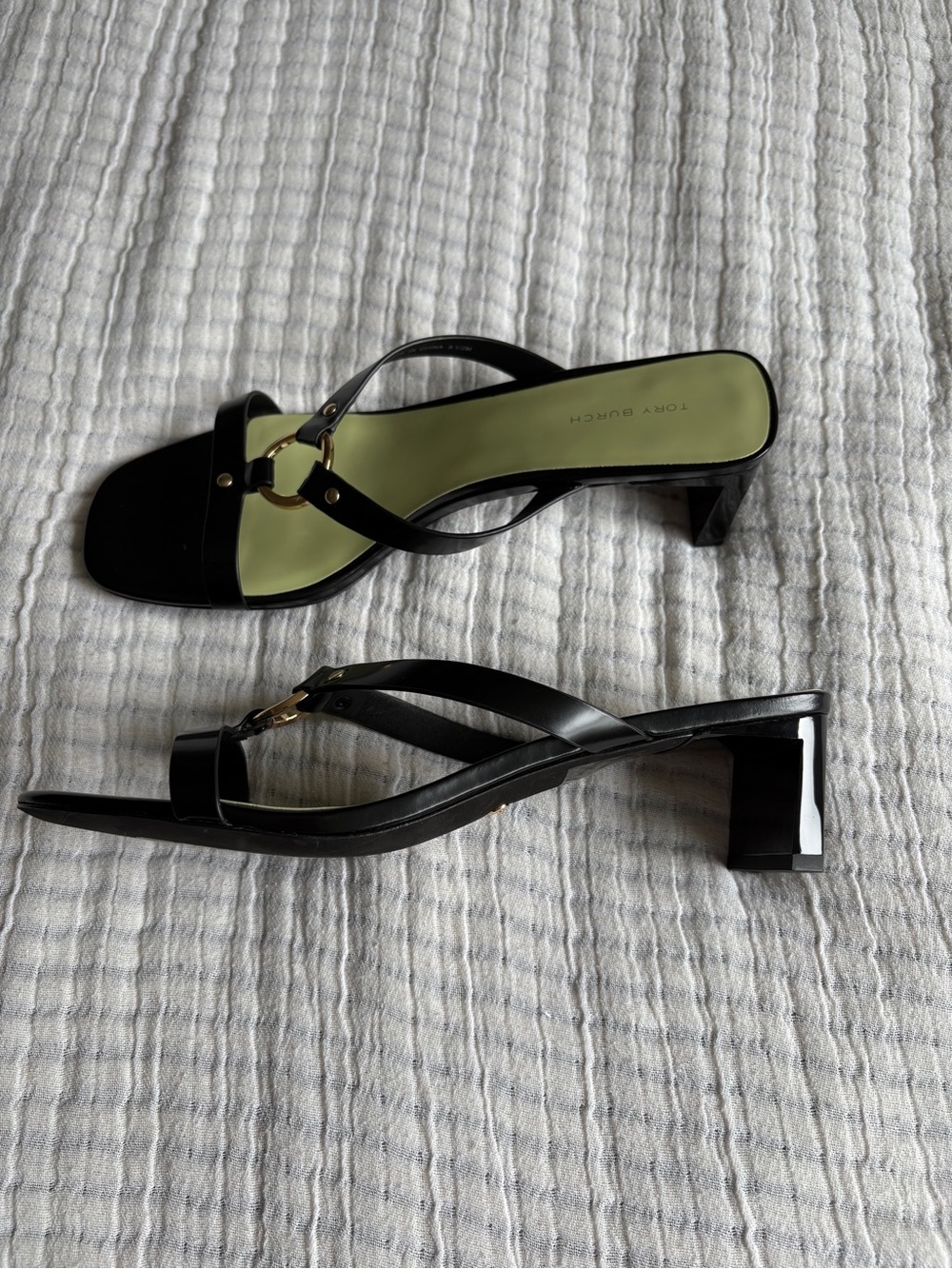 Tory Burch Black Leather Block Heel Slide Sandals with Gold Hardware